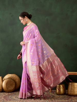 Women's levender color poly cotton heavy designer banarasi zari multi weaving work saree 2