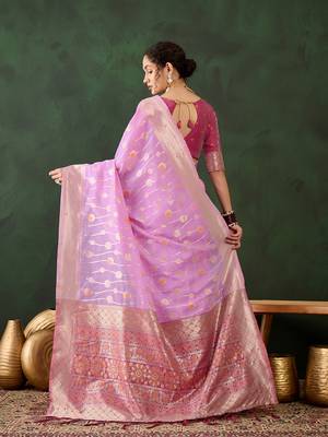 Women's levender color poly cotton heavy designer banarasi zari multi weaving work saree 3