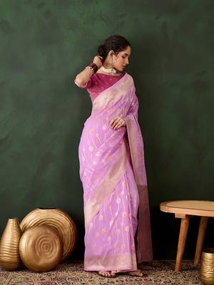 Women's levender color poly cotton heavy designer banarasi zari multi weaving work saree 4