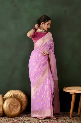 Women's levender color poly cotton heavy designer banarasi zari multi weaving work saree