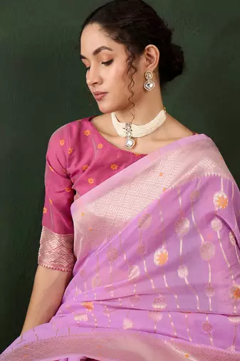 Women's levender color poly cotton heavy designer banarasi zari multi weaving work saree