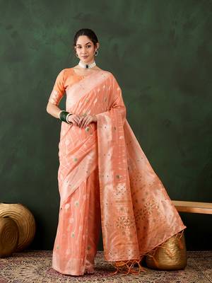 Women's orange color poly cotton heavy designer banarasi zari multi weaving work saree 1