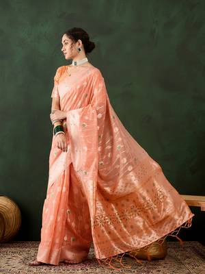 Women's orange color poly cotton heavy designer banarasi zari multi weaving work saree 2