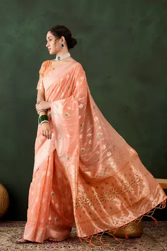 Women's orange color poly cotton heavy designer banarasi zari multi weaving work saree
