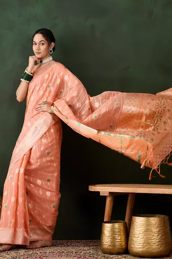 Women's orange color poly cotton heavy designer banarasi zari multi weaving work saree