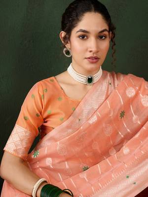 Women's orange color poly cotton heavy designer banarasi zari multi weaving work saree 5