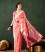 Women's peach color poly cotton heavy designer banarasi zari multi weaving work saree 