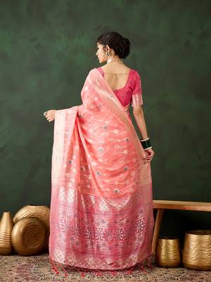 Women's peach color poly cotton heavy designer banarasi zari multi weaving work saree 3