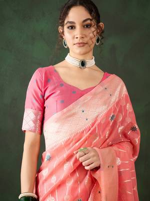 Women's peach color poly cotton heavy designer banarasi zari multi weaving work saree 4