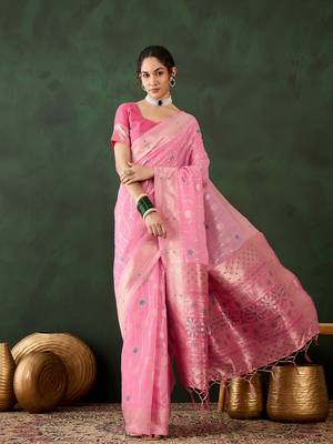 Women's pink color poly cotton heavy designer banarasi zari multi weaving work saree 1
