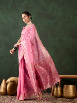 Women's pink color poly cotton heavy designer banarasi zari multi weaving work saree 2