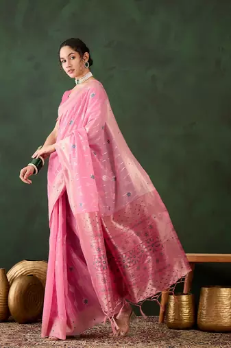 Women's pink color poly cotton heavy designer banarasi zari multi weaving work saree