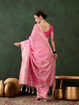 Women's pink color poly cotton heavy designer banarasi zari multi weaving work saree 3
