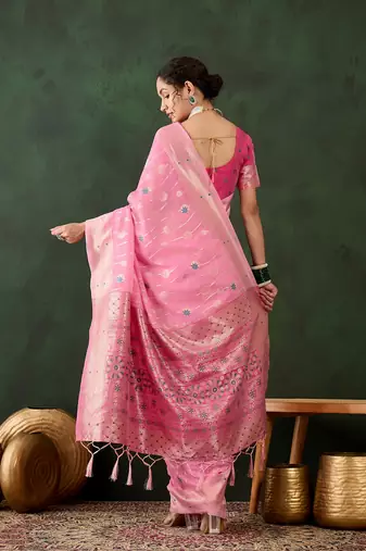 Women's pink color poly cotton heavy designer banarasi zari multi weaving work saree