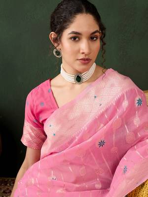 Women's pink color poly cotton heavy designer banarasi zari multi weaving work saree 4