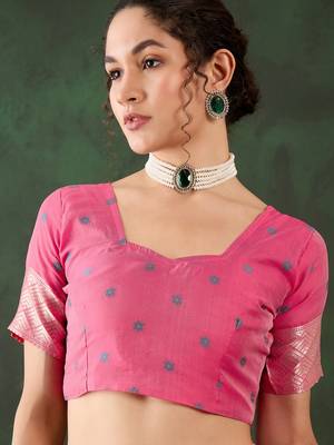 Women's pink color poly cotton heavy designer banarasi zari multi weaving work saree 5