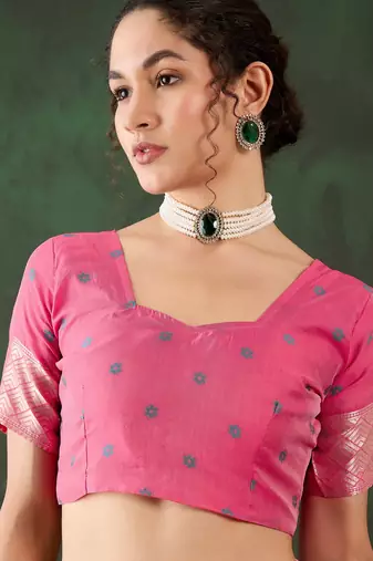 Women's pink color poly cotton heavy designer banarasi zari multi weaving work saree