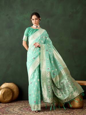 Women's sea green color poly cotton heavy banarasi zari multi weaving work saree 1