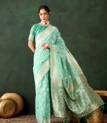 Women's sea green color poly cotton heavy banarasi zari multi weaving work saree
