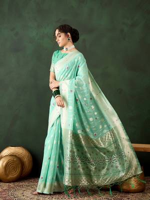 Women's sea green color poly cotton heavy banarasi zari multi weaving work saree 2