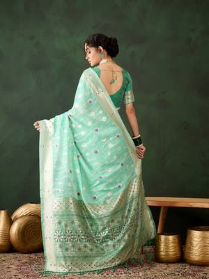 Women's sea green color poly cotton heavy banarasi zari multi weaving work saree 3