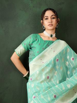 Women's sea green color poly cotton heavy banarasi zari multi weaving work saree 4