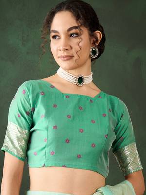 Women's sea green color poly cotton heavy banarasi zari multi weaving work saree 5