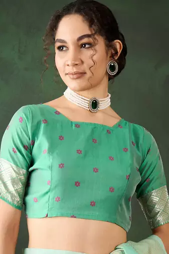Women's sea green color poly cotton heavy banarasi zari multi weaving work saree