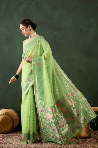 Women's green color poly cotton heavy designer banarasi zari multi weaving work saree