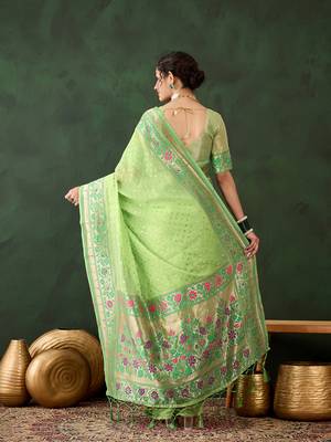 Women's green color poly cotton heavy designer banarasi zari multi weaving work saree 3