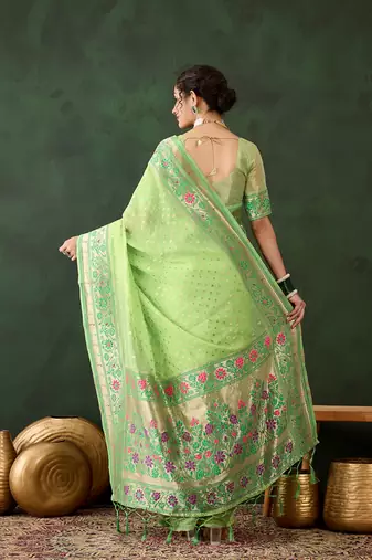Women's green color poly cotton heavy designer banarasi zari multi weaving work saree