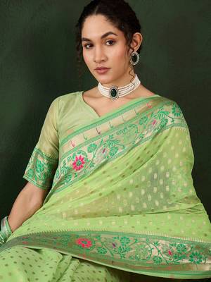 Women's green color poly cotton heavy designer banarasi zari multi weaving work saree 4
