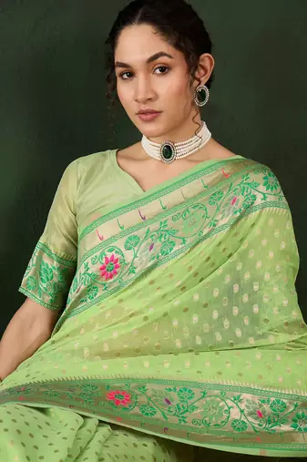 Women's green color poly cotton heavy designer banarasi zari multi weaving work saree