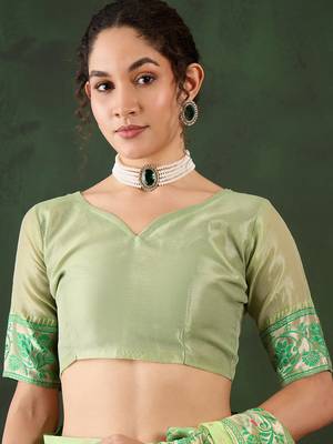 Women's green color poly cotton heavy designer banarasi zari multi weaving work saree 5