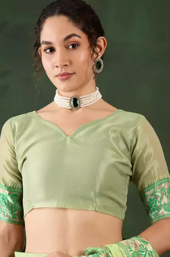 Women's green color poly cotton heavy designer banarasi zari multi weaving work saree