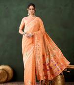 Women's orange color poly cotton heavy designer banarasi zari multi weaving work saree 