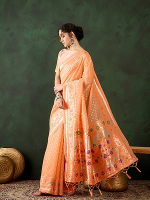 Women's orange color poly cotton heavy designer banarasi zari multi weaving work saree 2