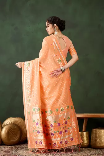Women's orange color poly cotton heavy designer banarasi zari multi weaving work saree