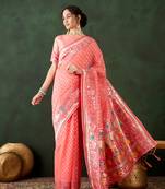 Women's peach color poly cotton heavy designer banarasi zari multi weaving work saree 