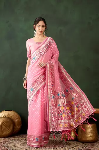 Women's pink color poly cotton heavy designer banarasi zari multi weaving work saree 
