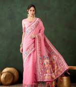 Women's pink color poly cotton heavy designer banarasi zari multi weaving work saree 