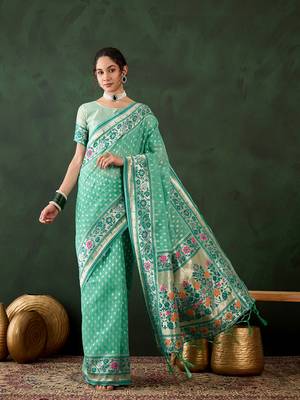Women's sea green color poly cotton heavy banarasi zari multi weaving work saree 1