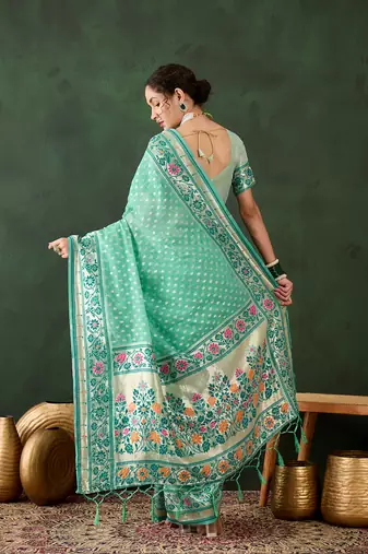 Women's sea green color poly cotton heavy banarasi zari multi weaving work saree