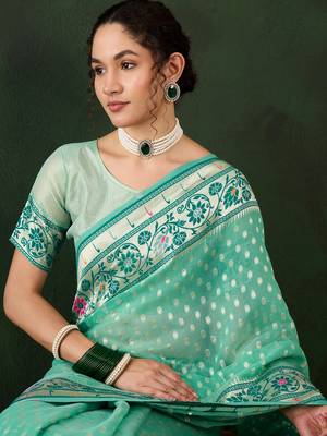 Women's sea green color poly cotton heavy banarasi zari multi weaving work saree 4