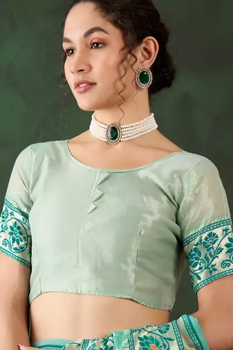 Women's sea green color poly cotton heavy banarasi zari multi weaving work saree