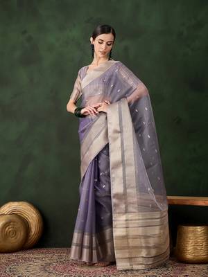 Women's levender color kahdi organza zari weaving work with fancy sequence saree 1