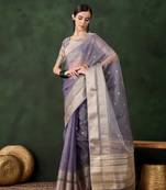 Women's levender color kahdi organza zari weaving work with fancy sequence saree