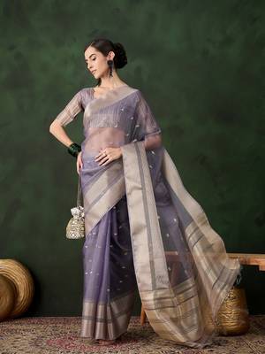 Women's levender color kahdi organza zari weaving work with fancy sequence saree 2