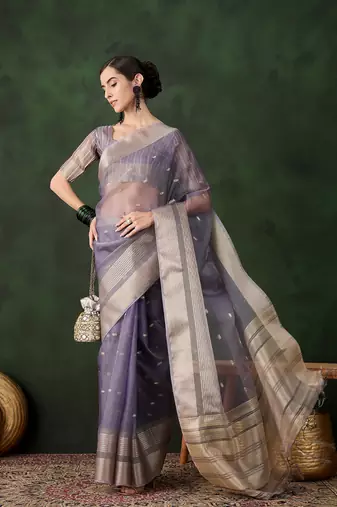 Women's levender color kahdi organza zari weaving work with fancy sequence saree