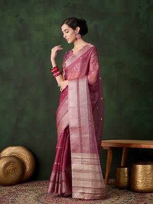 Women's magenta color kahdi organza designer zari weaving work with fancy sequence saree 2